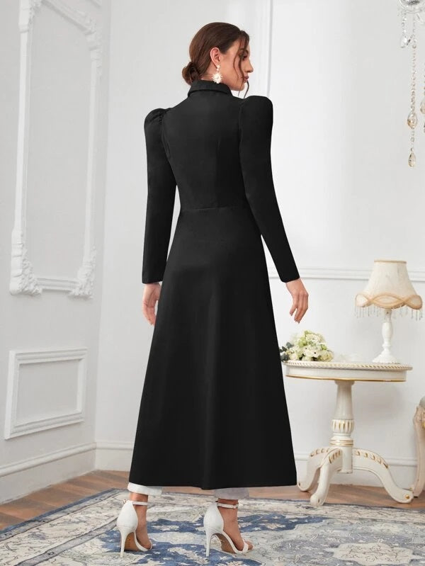 CM-TS188394 Women Elegant Seoul Style Solid High Low Button Front Gigot Sleeve Blouse