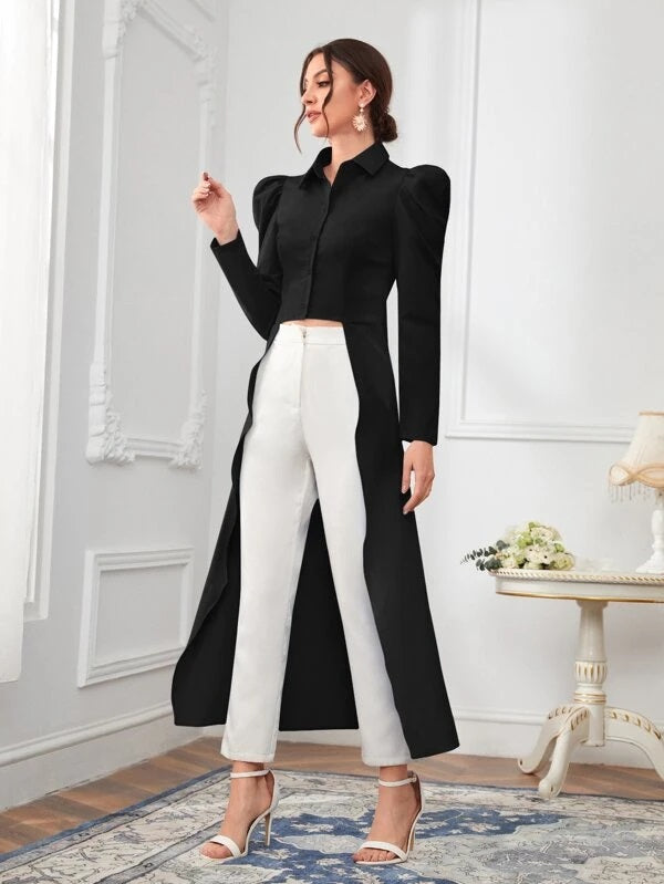 CM-TS188394 Women Elegant Seoul Style Solid High Low Button Front Gigot Sleeve Blouse