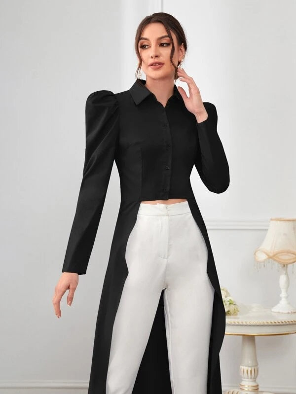 CM-TS188394 Women Elegant Seoul Style Solid High Low Button Front Gigot Sleeve Blouse