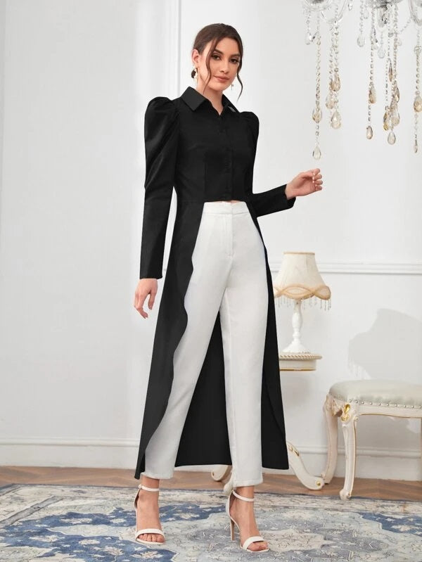 CM-TS188394 Women Elegant Seoul Style Solid High Low Button Front Gigot Sleeve Blouse