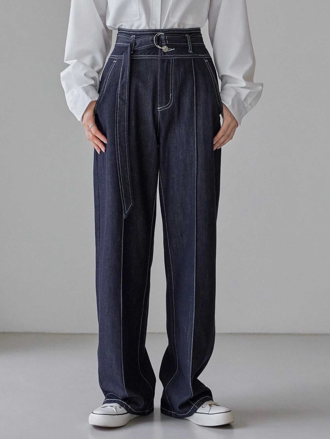 CM-BS966746 Women Casual Seoul Style High Waist Belted Topstitching Straight Leg Jeans