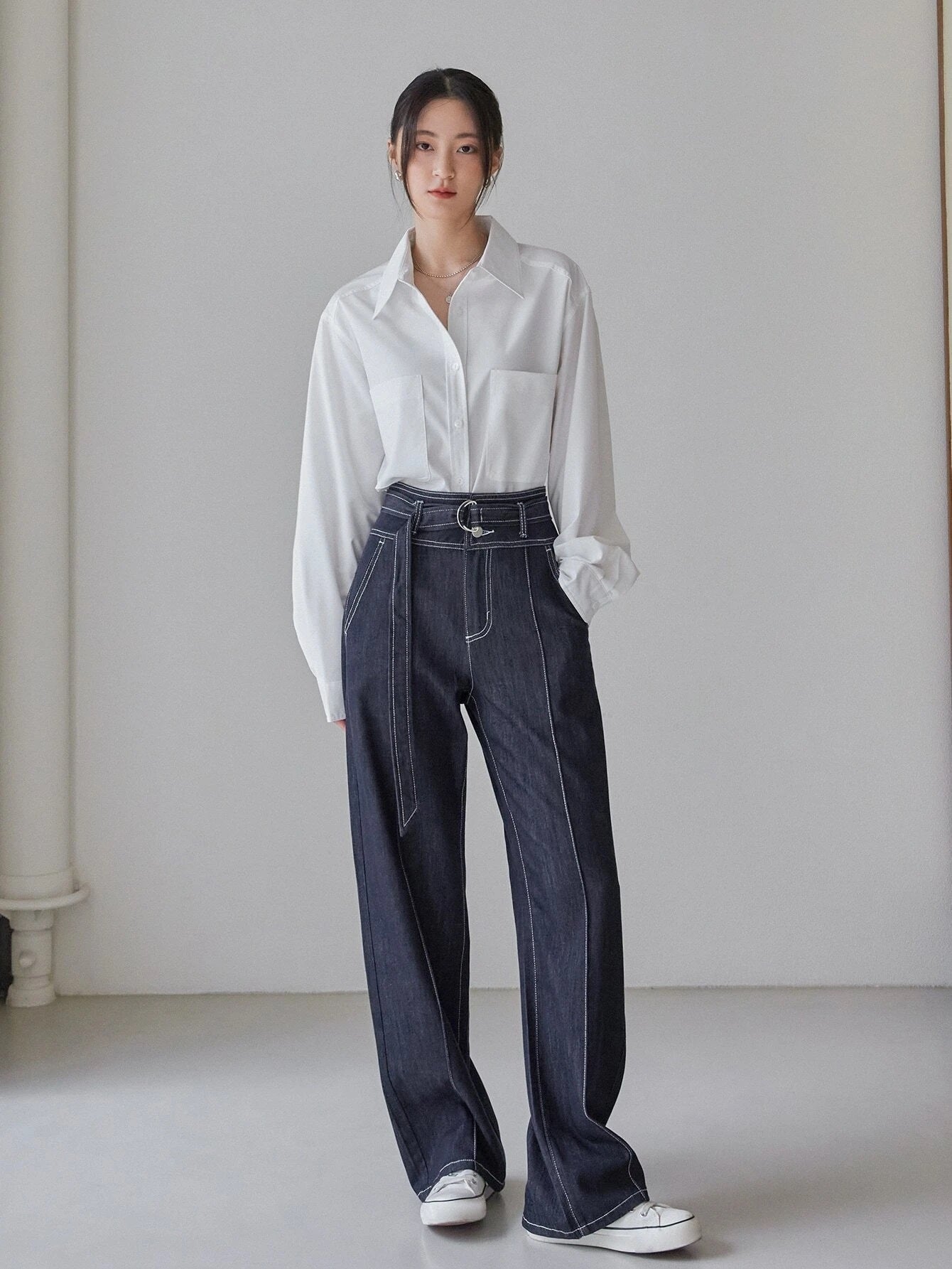 CM-BS966746 Women Casual Seoul Style High Waist Belted Topstitching Straight Leg Jeans