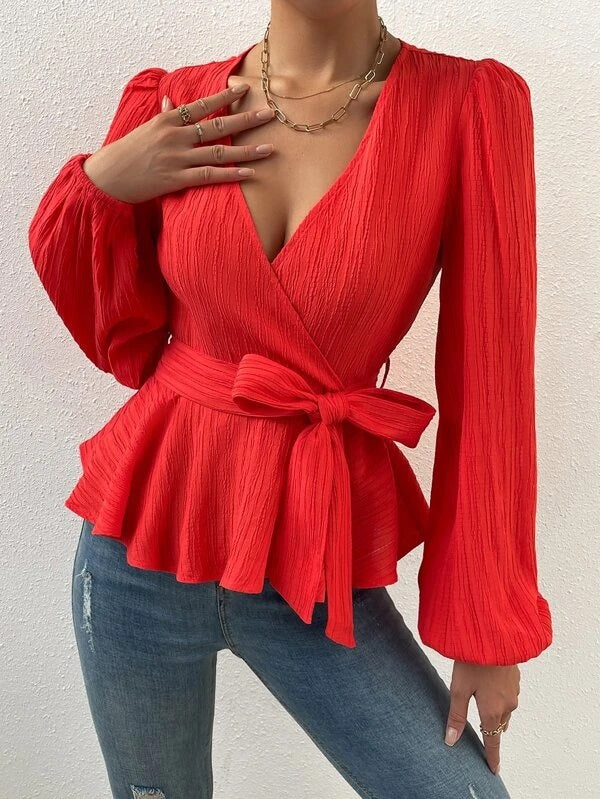 CM-TS990909 Women Elegant Seoul Style Surplice Neck Lantern Sleeve Peplum Top - Red