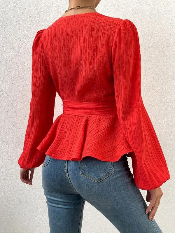 CM-TS990909 Women Elegant Seoul Style Surplice Neck Lantern Sleeve Peplum Top - Red