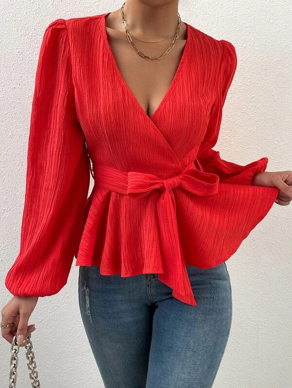 CM-TS990909 Women Elegant Seoul Style Surplice Neck Lantern Sleeve Peplum Top - Red