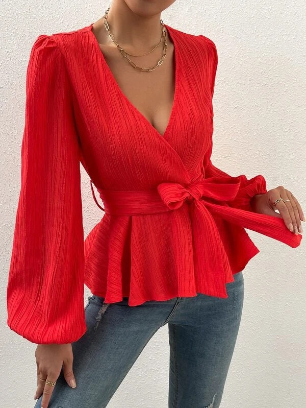 CM-TS990909 Women Elegant Seoul Style Surplice Neck Lantern Sleeve Peplum Top - Red