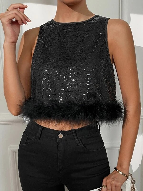 CM-TS240066 Women Elegant Seoul Style Contrast Fuzzy Trim Crop Sequin Tank Top