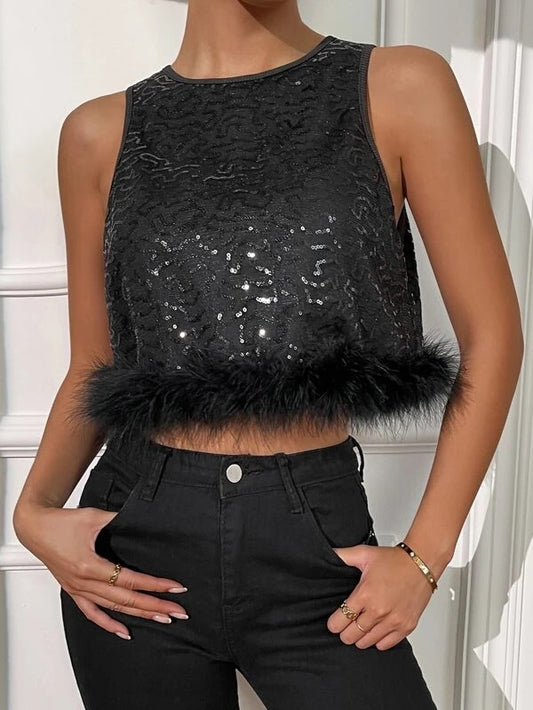 CM-TS240066 Women Elegant Seoul Style Contrast Fuzzy Trim Crop Sequin Tank Top