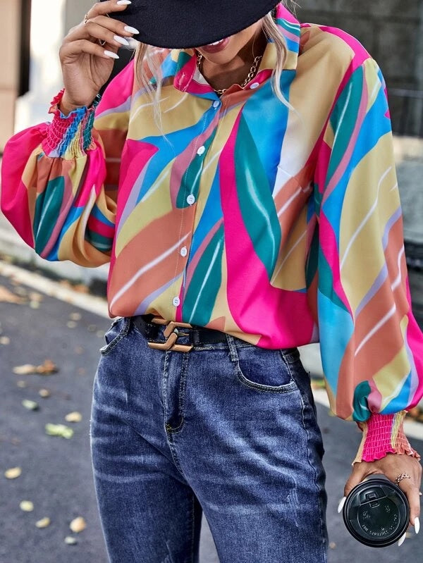 CM-TS152132 Women Casual Seoul Style Colorblock Bishop Sleeve Shirred Cuff Shirt