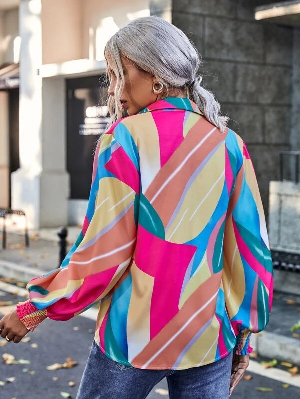 CM-TS152132 Women Casual Seoul Style Colorblock Bishop Sleeve Shirred Cuff Shirt