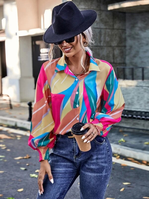 CM-TS152132 Women Casual Seoul Style Colorblock Bishop Sleeve Shirred Cuff Shirt