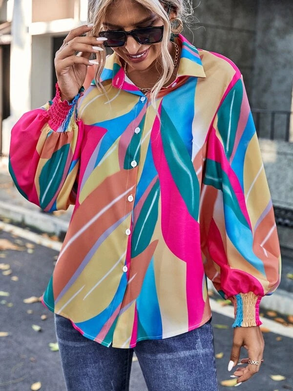 CM-TS152132 Women Casual Seoul Style Colorblock Bishop Sleeve Shirred Cuff Shirt