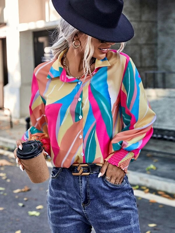CM-TS152132 Women Casual Seoul Style Colorblock Bishop Sleeve Shirred Cuff Shirt