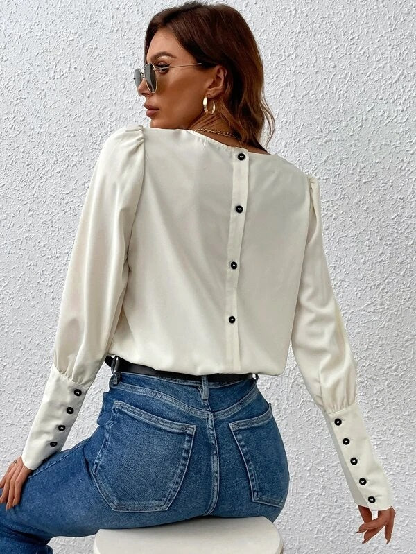 CM-TS843973 Women Casual Seoul Style Button Back Puff Sleeve Blouse - Beige