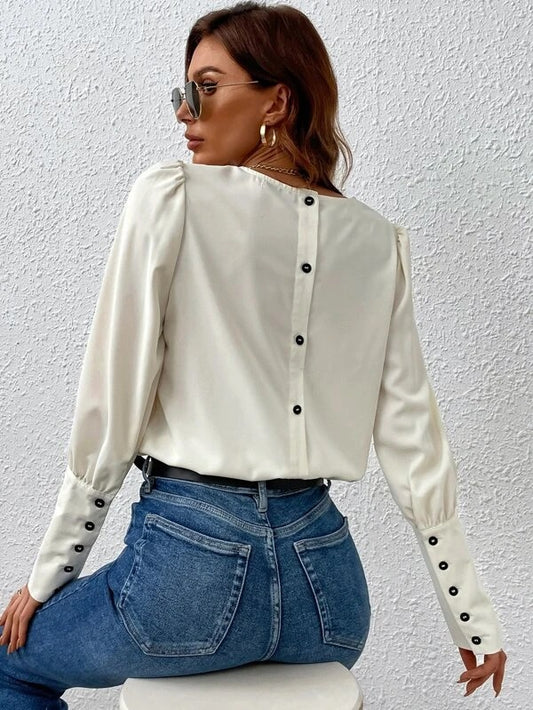 CM-TS843973 Women Casual Seoul Style Button Back Puff Sleeve Blouse - Beige