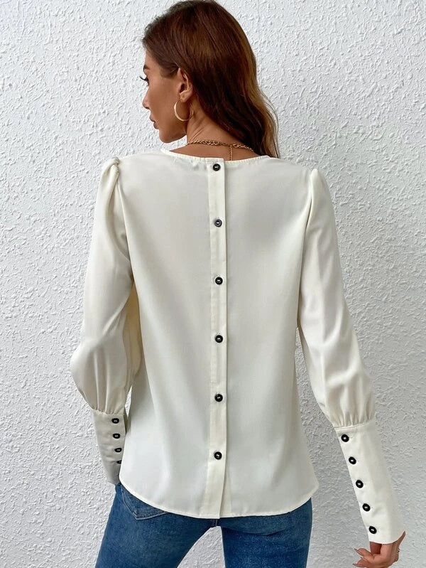 CM-TS843973 Women Casual Seoul Style Button Back Puff Sleeve Blouse - Beige