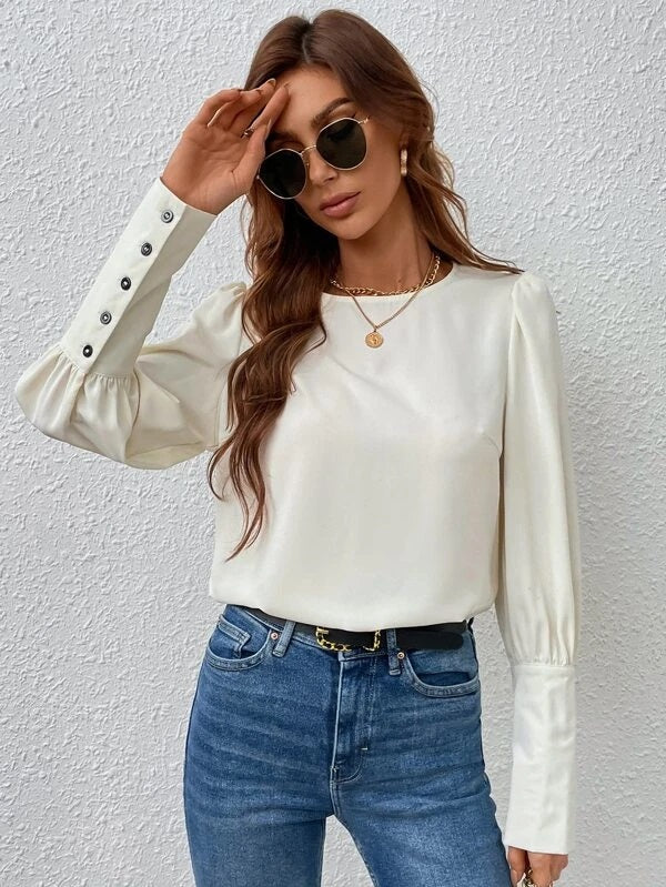 CM-TS843973 Women Casual Seoul Style Button Back Puff Sleeve Blouse - Beige