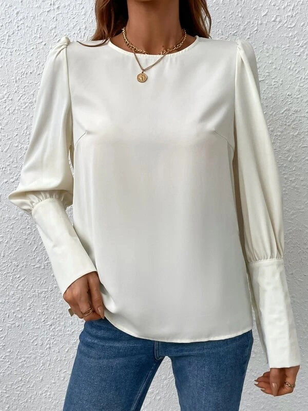 CM-TS843973 Women Casual Seoul Style Button Back Puff Sleeve Blouse - Beige