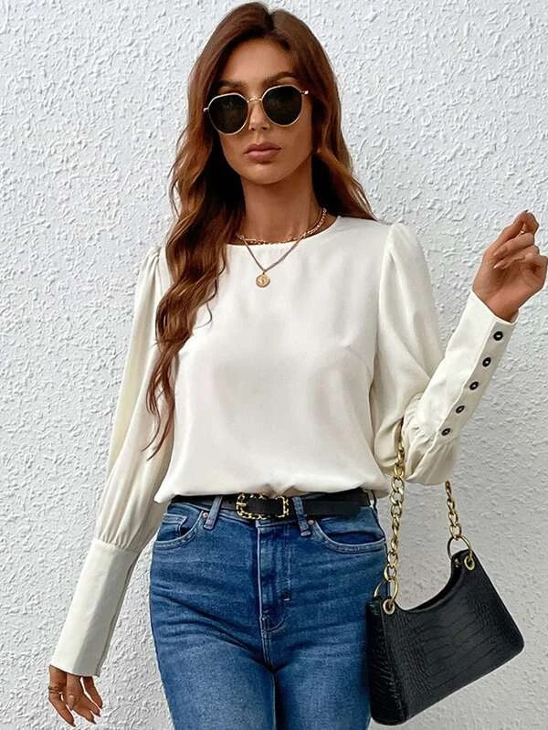 CM-TS843973 Women Casual Seoul Style Button Back Puff Sleeve Blouse - Beige