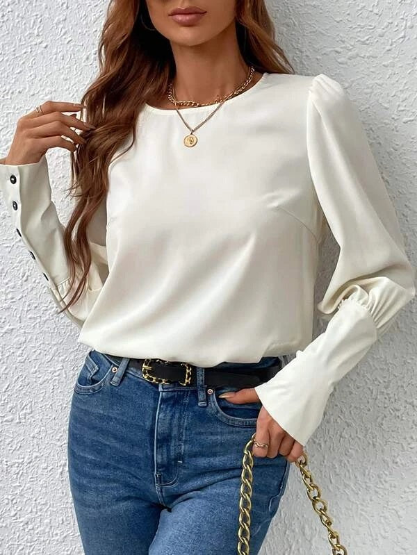 CM-TS843973 Women Casual Seoul Style Button Back Puff Sleeve Blouse - Beige
