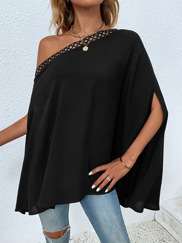 CM-TS744634 Women Casual Seoul Style Solid Asymmetrical Neck Cloak Sleeve Blouse - Black