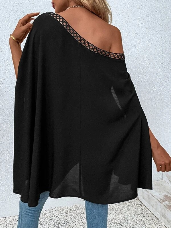 CM-TS744634 Women Casual Seoul Style Solid Asymmetrical Neck Cloak Sleeve Blouse - Black