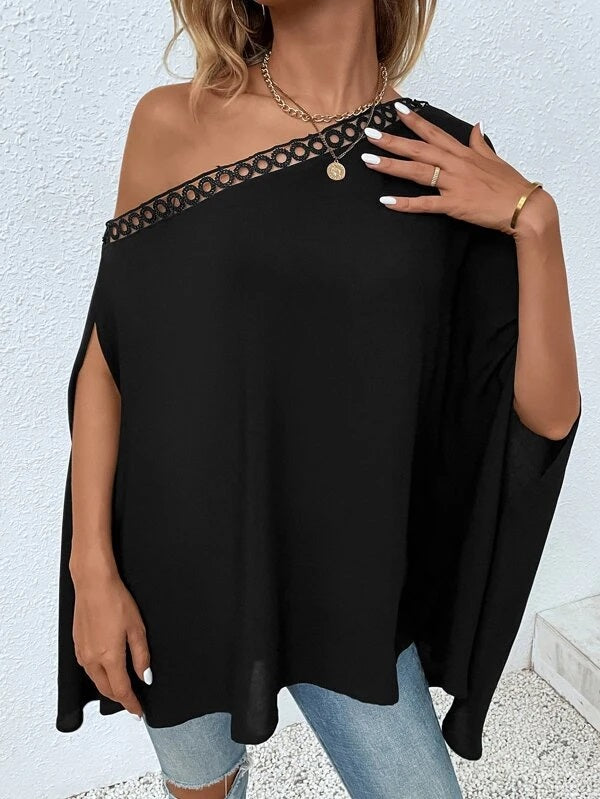 CM-TS744634 Women Casual Seoul Style Solid Asymmetrical Neck Cloak Sleeve Blouse - Black
