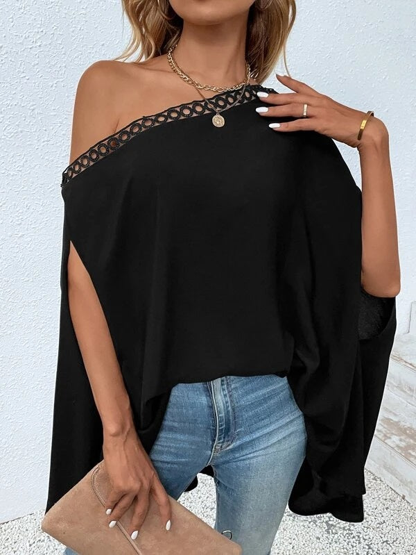 CM-TS744634 Women Casual Seoul Style Solid Asymmetrical Neck Cloak Sleeve Blouse - Black