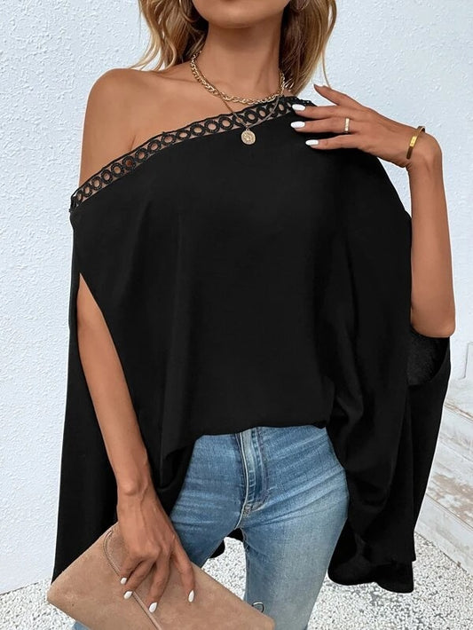 CM-TS744634 Women Casual Seoul Style Solid Asymmetrical Neck Cloak Sleeve Blouse - Black