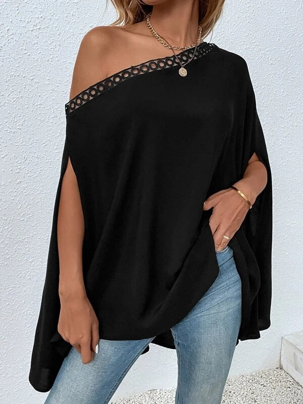 CM-TS744634 Women Casual Seoul Style Solid Asymmetrical Neck Cloak Sleeve Blouse - Black