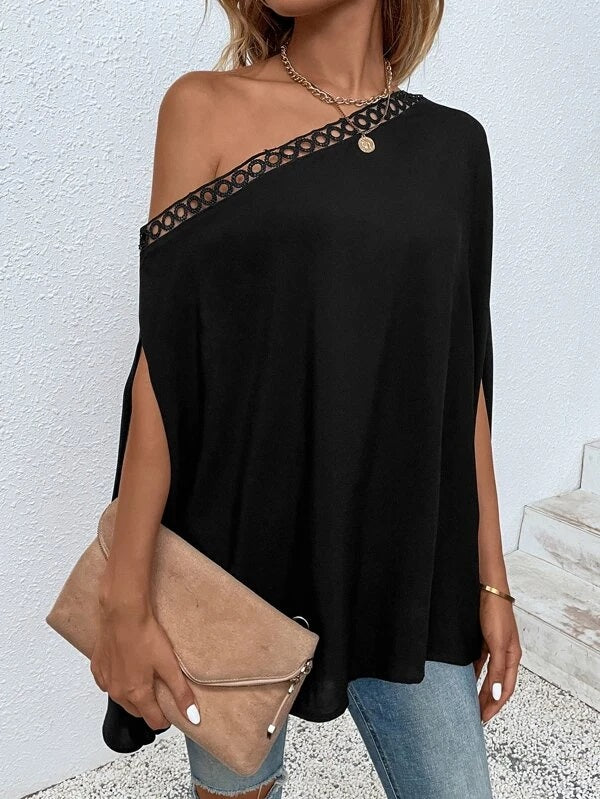 CM-TS744634 Women Casual Seoul Style Solid Asymmetrical Neck Cloak Sleeve Blouse - Black