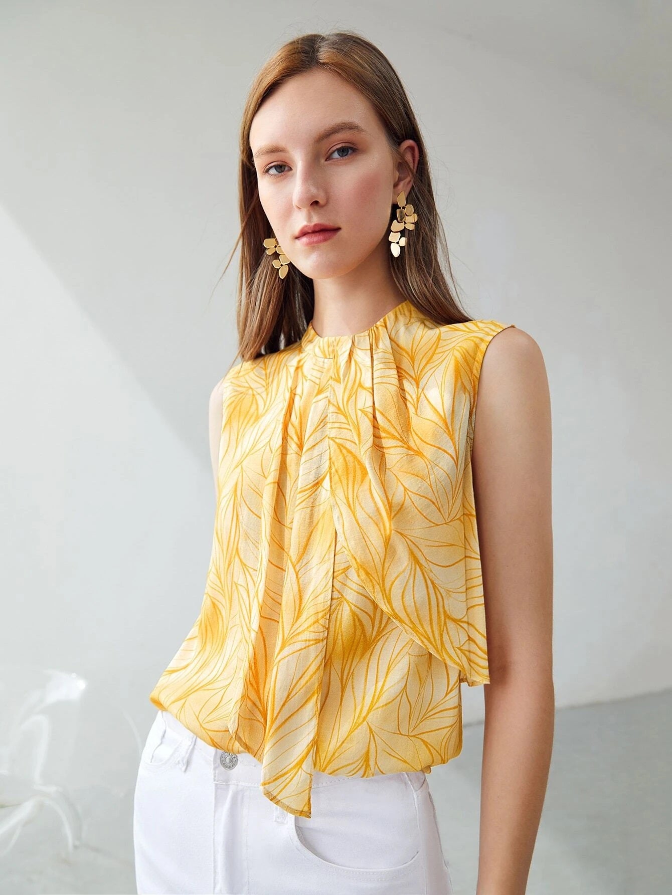 CM-TS966883 Women Elegant Seoul Style Round Neck Sleeveless Draped Top - Yellow