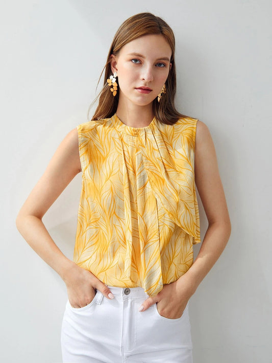 CM-TS966883 Women Elegant Seoul Style Round Neck Sleeveless Draped Top - Yellow