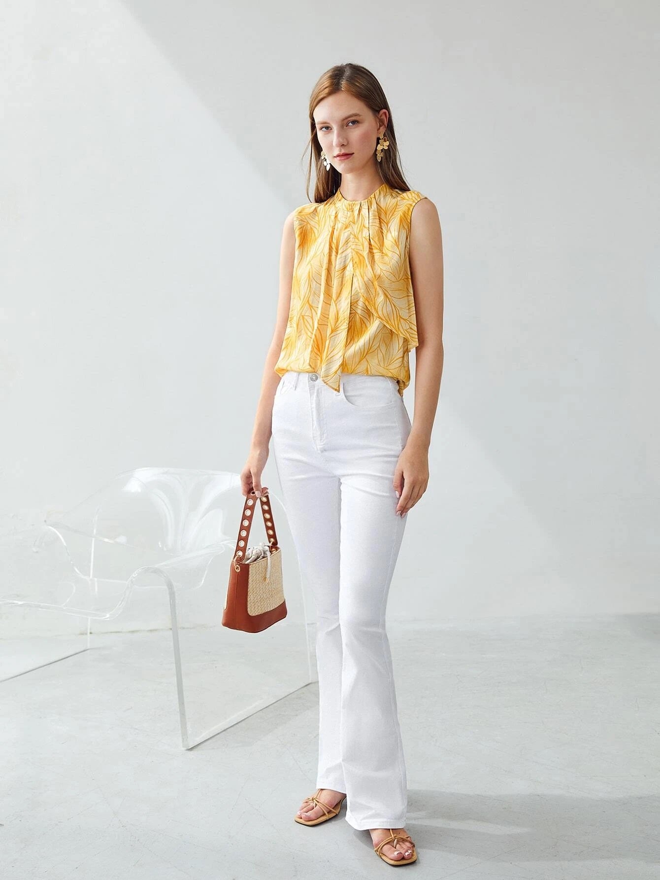 CM-TS966883 Women Elegant Seoul Style Round Neck Sleeveless Draped Top - Yellow