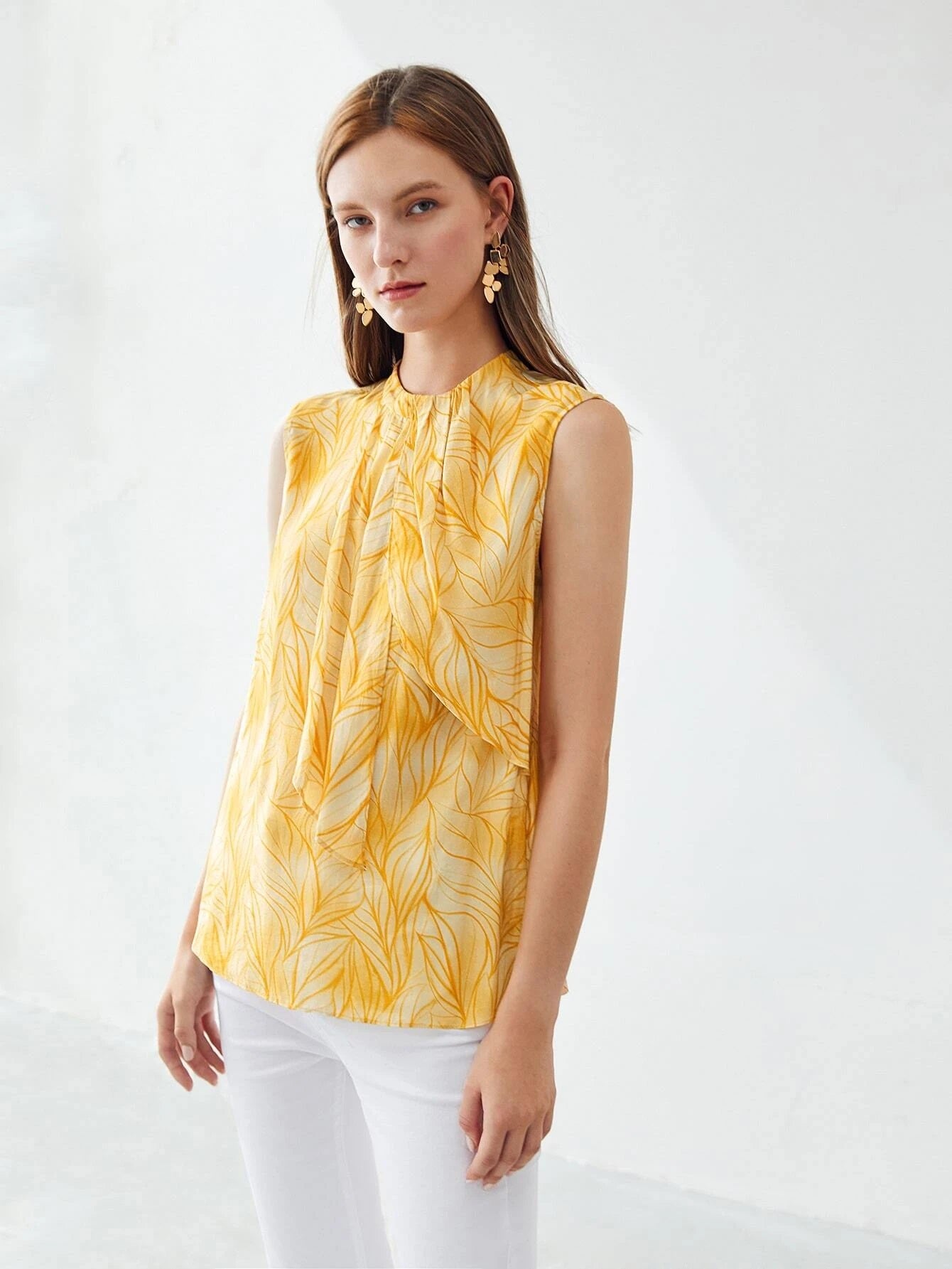 CM-TS966883 Women Elegant Seoul Style Round Neck Sleeveless Draped Top - Yellow