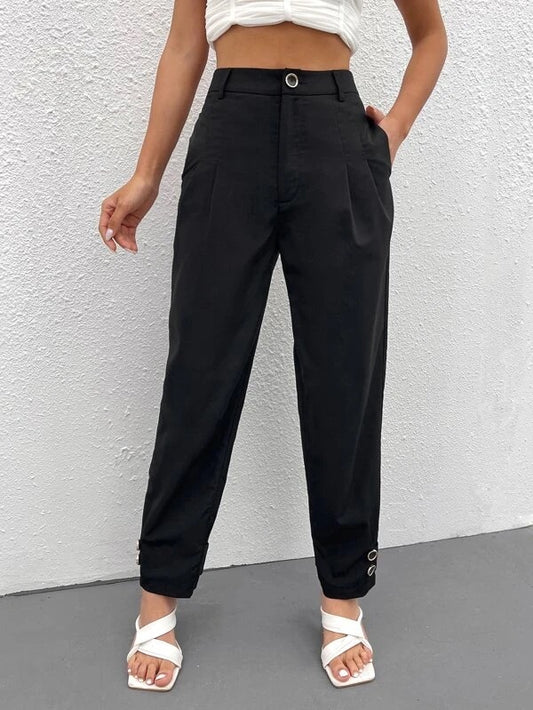 CM-BS671761 Women Casual Seoul Style High Waist Solid Button Detail Pants - Black