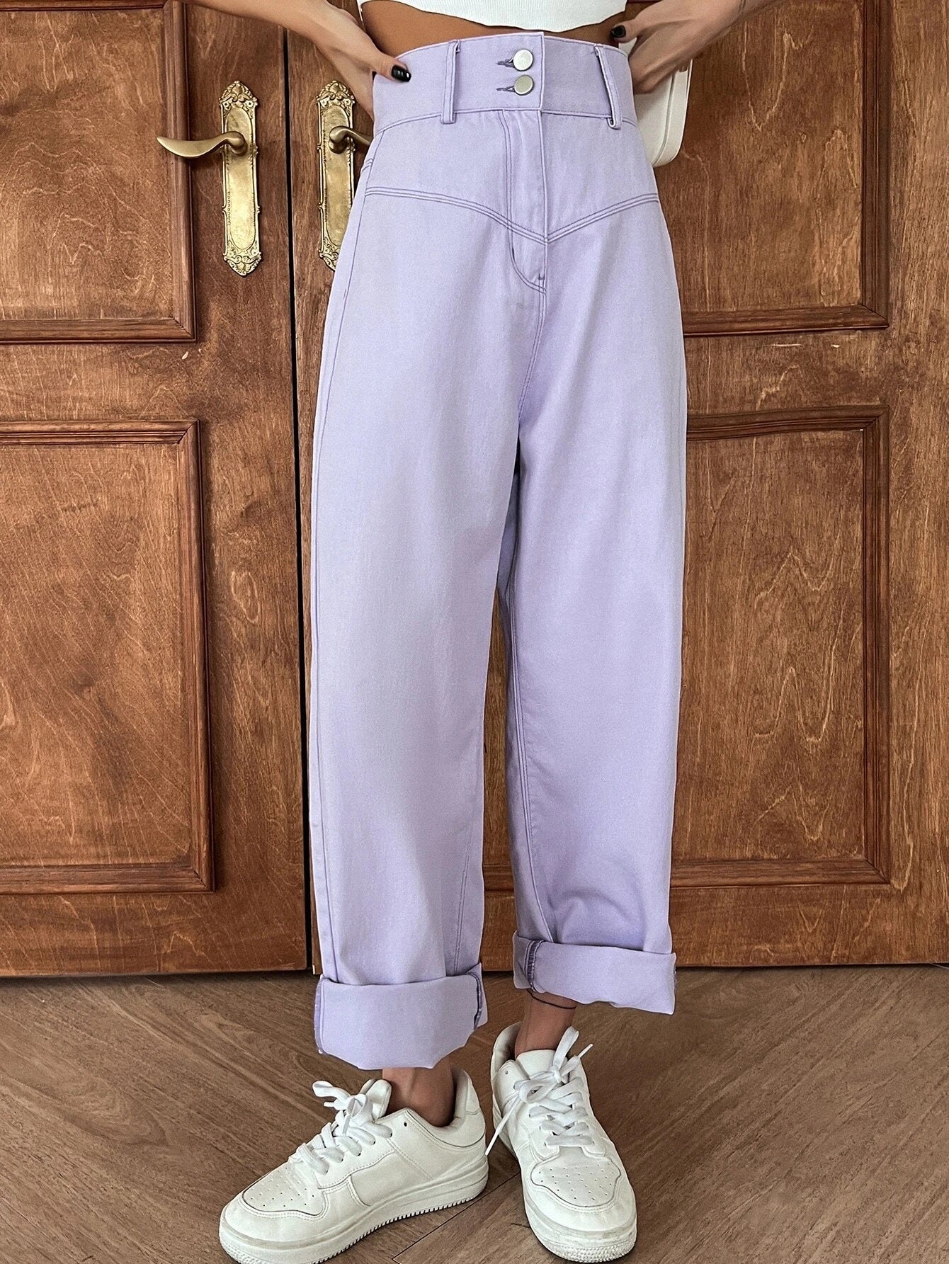 CM-BS222742 Women Casual Seoul Style High Waist Straight Leg Jeans - Purple