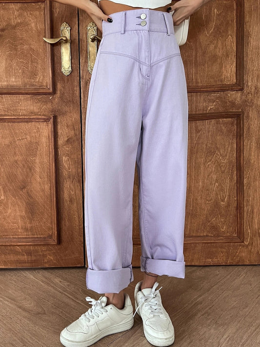 CM-BS222742 Women Casual Seoul Style High Waist Straight Leg Jeans - Purple