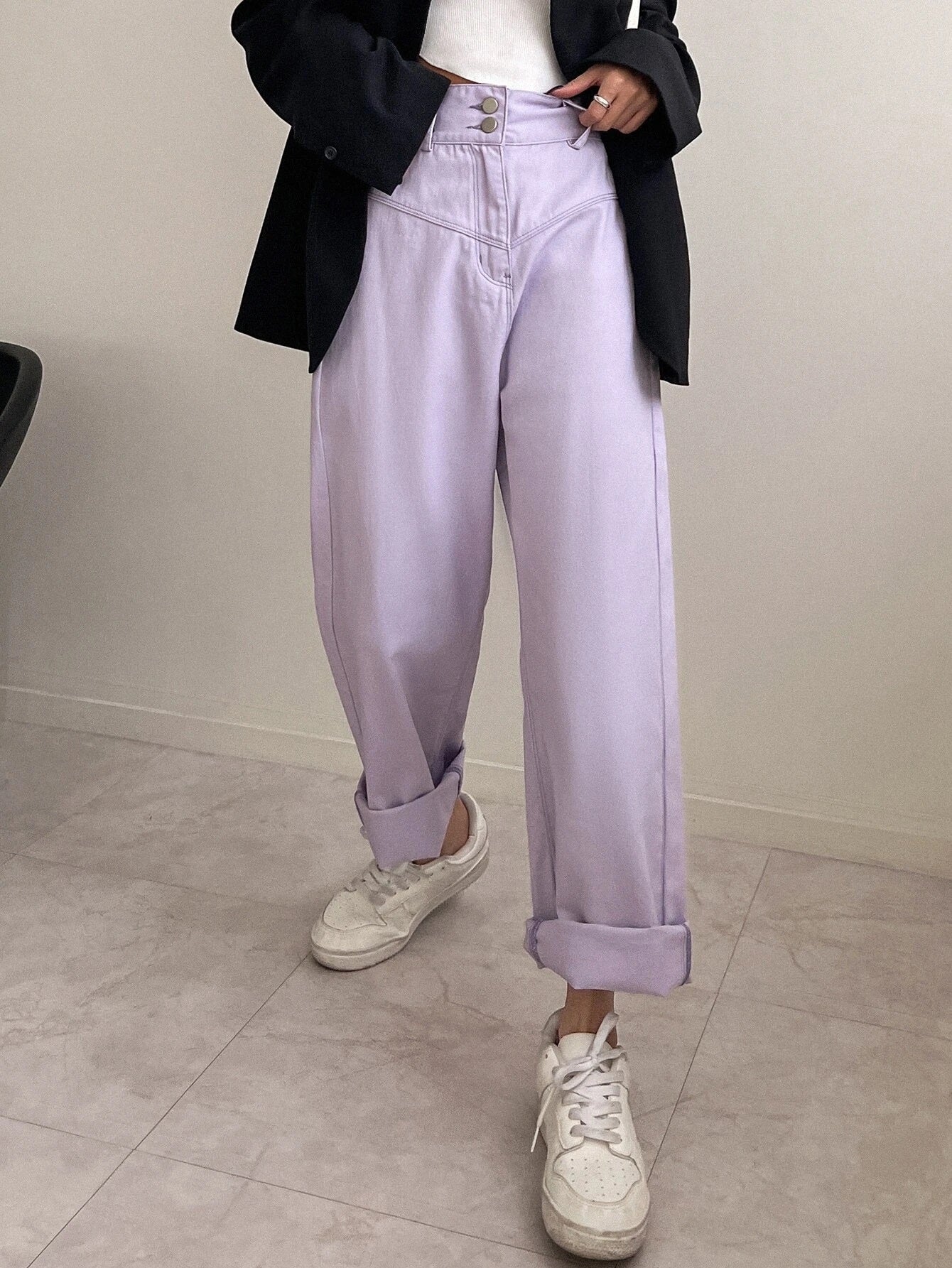 CM-BS222742 Women Casual Seoul Style High Waist Straight Leg Jeans - Purple