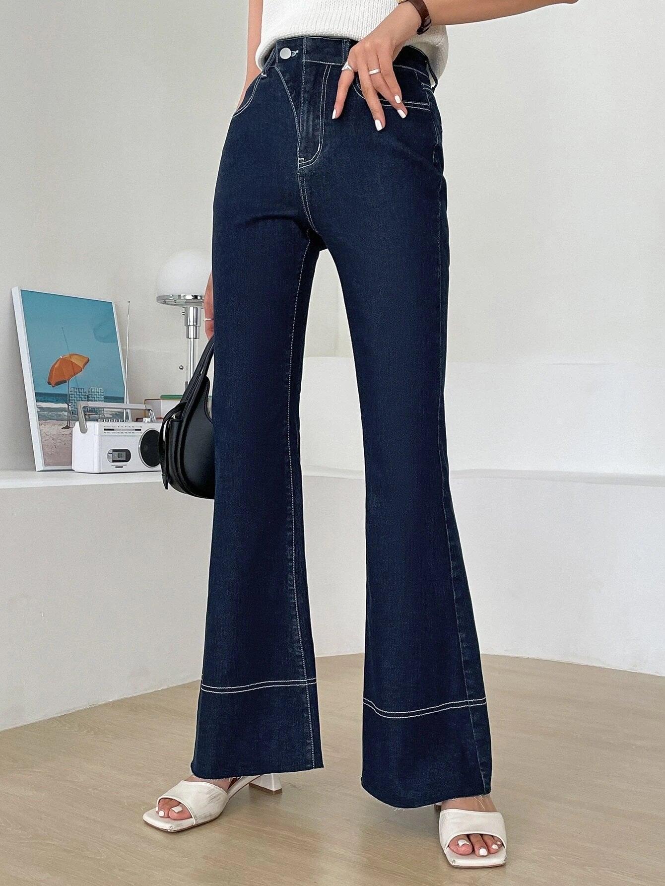CM-BS341883 Women Casual Seoul Style Dark Wash High Waist Flare Leg Jeans