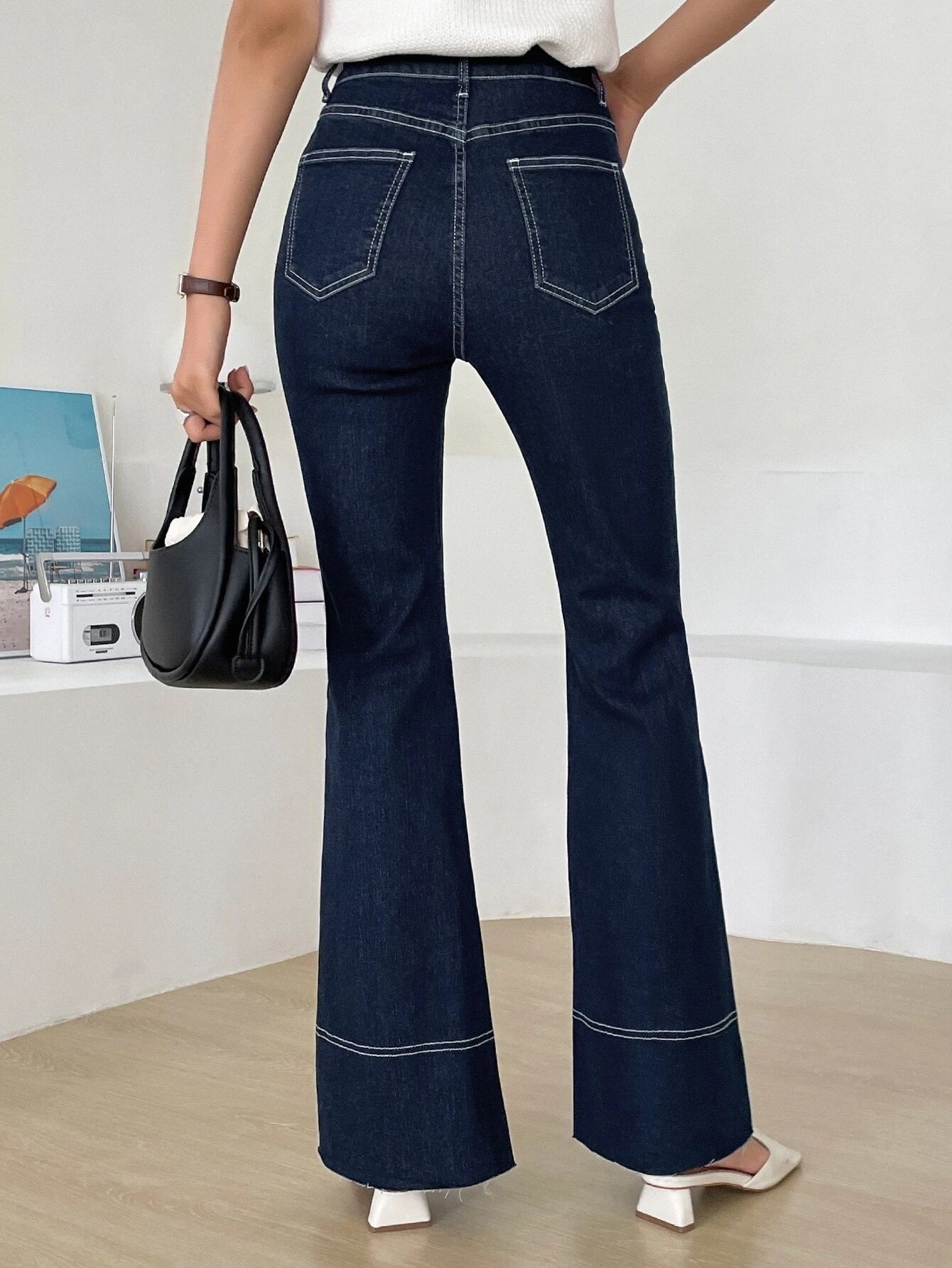 CM-BS341883 Women Casual Seoul Style Dark Wash High Waist Flare Leg Jeans