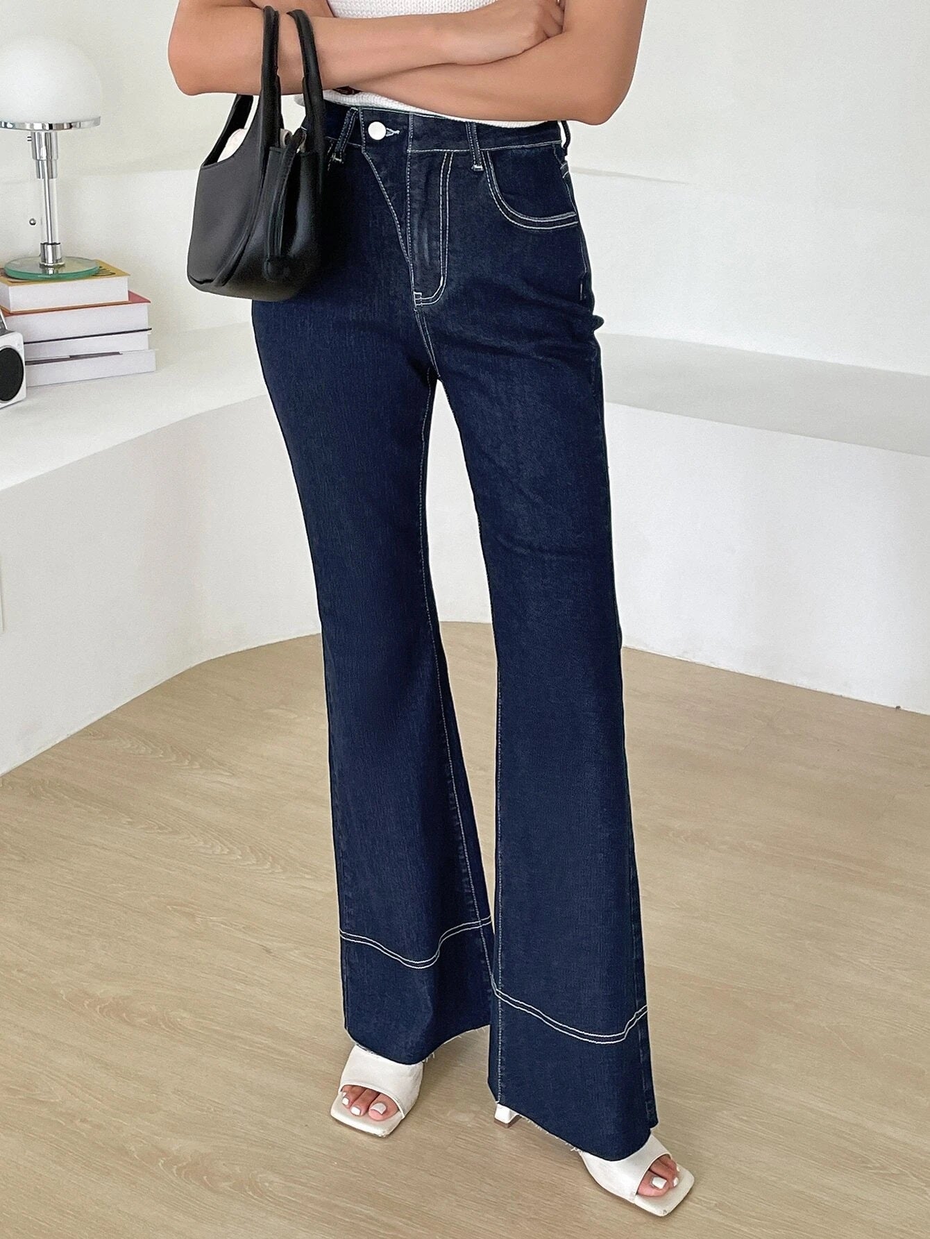 CM-BS341883 Women Casual Seoul Style Dark Wash High Waist Flare Leg Jeans