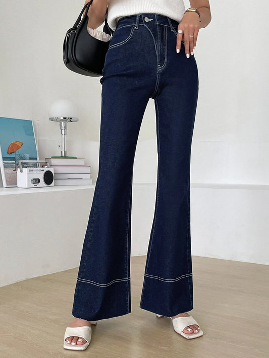 CM-BS341883 Women Casual Seoul Style Dark Wash High Waist Flare Leg Jeans