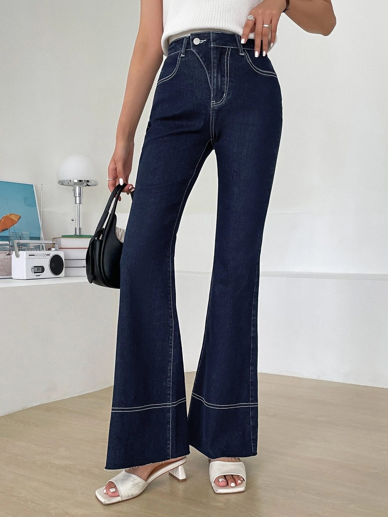 CM-BS341883 Women Casual Seoul Style Dark Wash High Waist Flare Leg Jeans