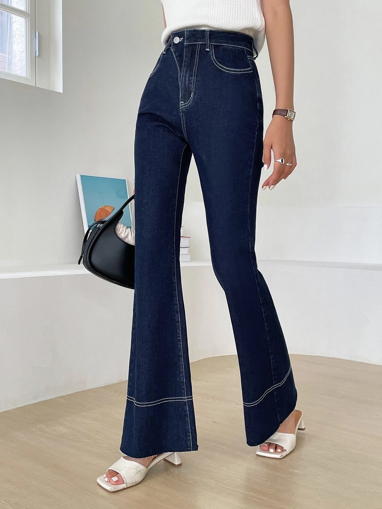 CM-BS341883 Women Casual Seoul Style Dark Wash High Waist Flare Leg Jeans