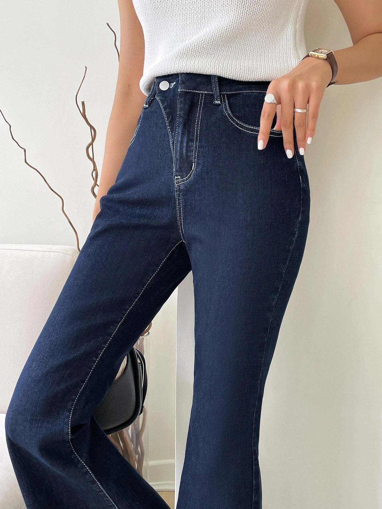CM-BS341883 Women Casual Seoul Style Dark Wash High Waist Flare Leg Jeans