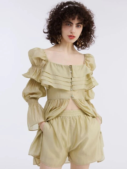 CM-TS941774 Women Casual Seoul Style Flounce Sleeve Peplum Blouse - Khaki