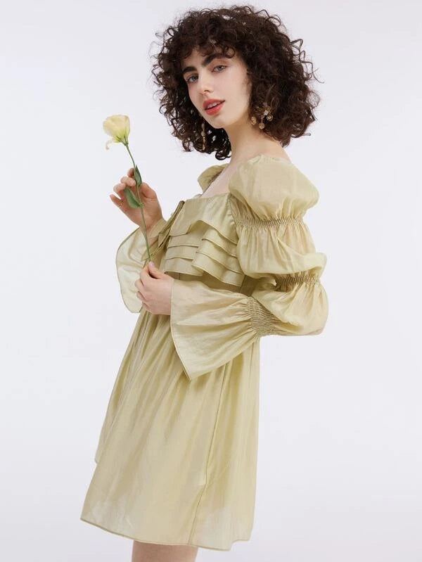 CM-TS941774 Women Casual Seoul Style Flounce Sleeve Peplum Blouse - Khaki
