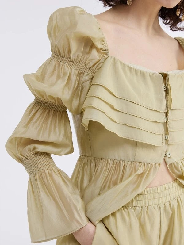 CM-TS941774 Women Casual Seoul Style Flounce Sleeve Peplum Blouse - Khaki