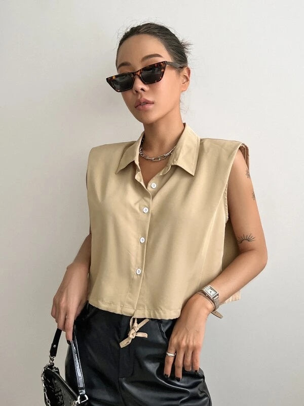 CM-TS970179 Women Casual Seoul Style Sleeveless Solid Button Front Shirt - Khaki